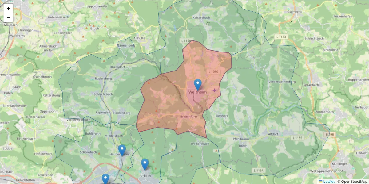 Karte des Postleitzahlen Bereichs  und der umliegenden Postleitzahlen in Deutschland