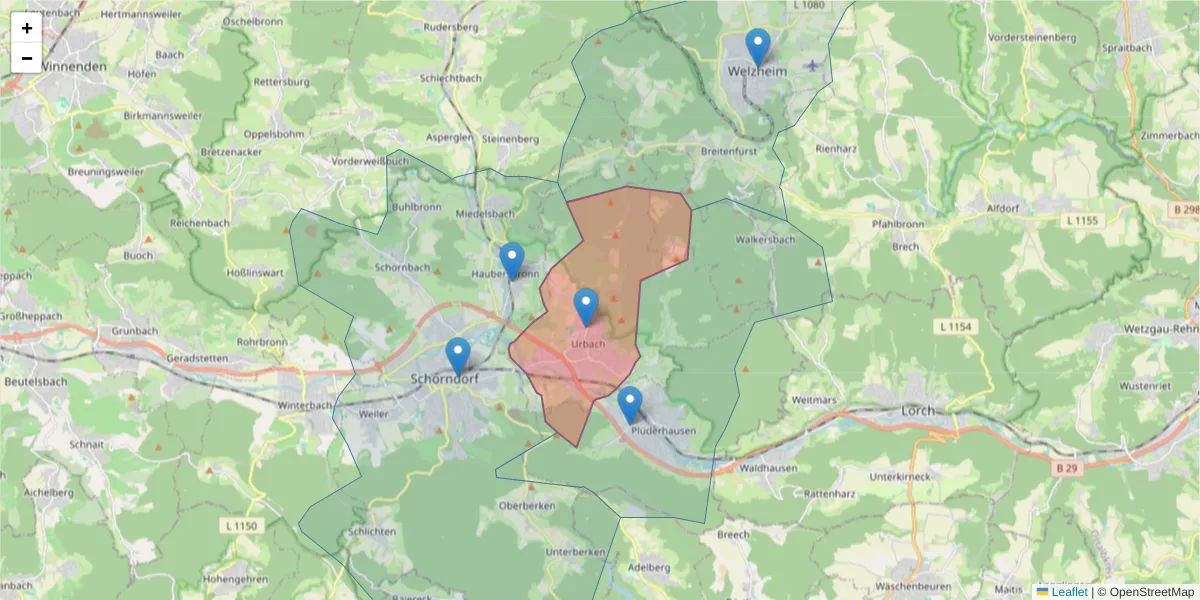 Karte des Postleitzahlen Bereichs  und der umliegenden Postleitzahlen in Deutschland