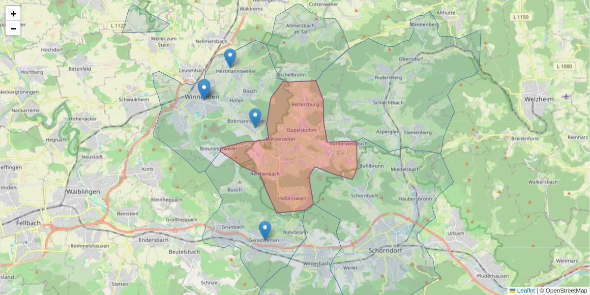 Karte des Postleitzahlen Bereichs  und der umliegenden Postleitzahlen in Deutschland