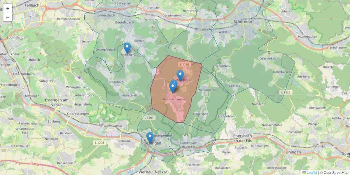 Karte des Postleitzahlen Bereichs  und der umliegenden Postleitzahlen in Deutschland