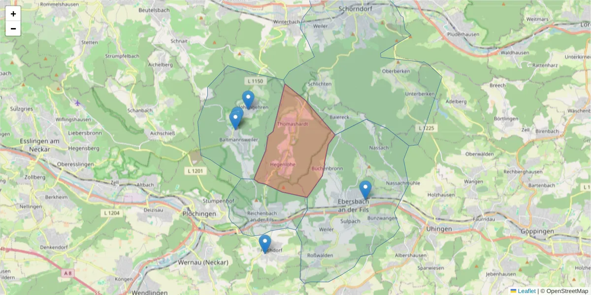 Karte des Postleitzahlen Bereichs  und der umliegenden Postleitzahlen in Deutschland