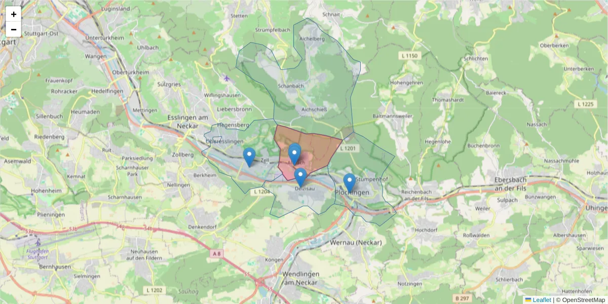 Karte des Postleitzahlen Bereichs  und der umliegenden Postleitzahlen in Deutschland