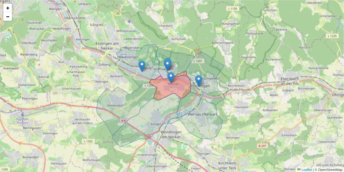 Karte des Postleitzahlen Bereichs  und der umliegenden Postleitzahlen in Deutschland