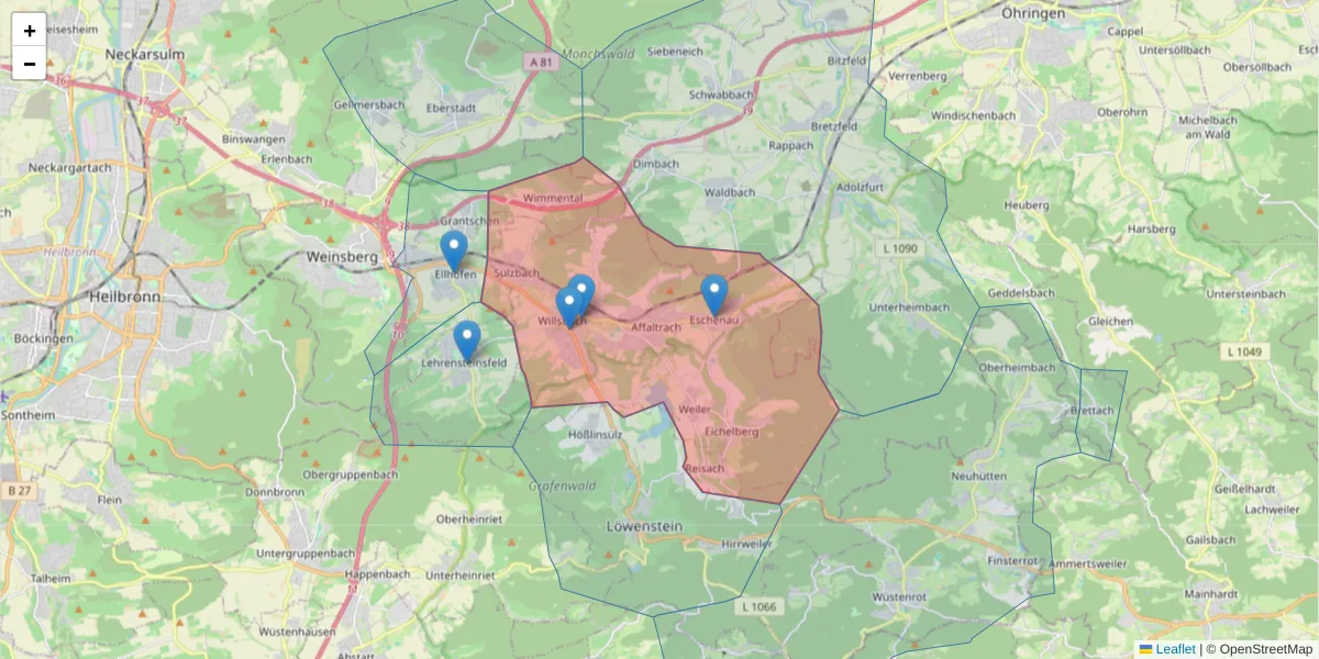 Karte des Postleitzahlen Bereichs  und der umliegenden Postleitzahlen in Deutschland