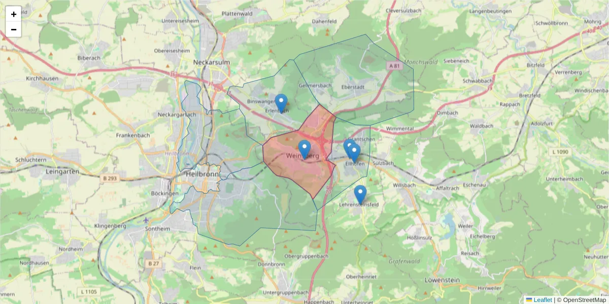 Karte des Postleitzahlen Bereichs  und der umliegenden Postleitzahlen in Deutschland
