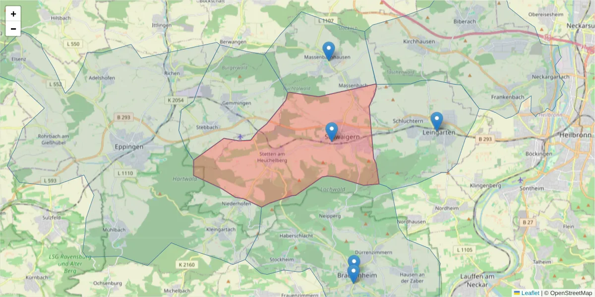 Karte des Postleitzahlen Bereichs  und der umliegenden Postleitzahlen in Deutschland