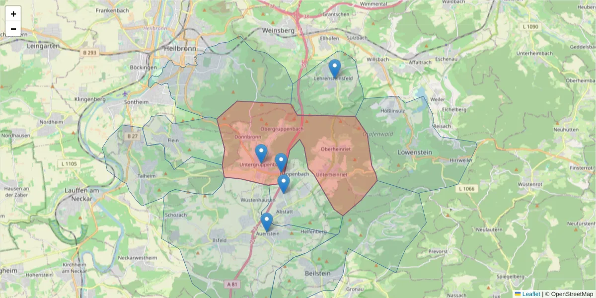 Karte des Postleitzahlen Bereichs  und der umliegenden Postleitzahlen in Deutschland
