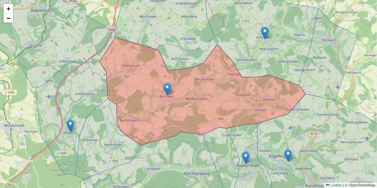 Karte des Postleitzahlen Bereichs  und der umliegenden Postleitzahlen in Deutschland