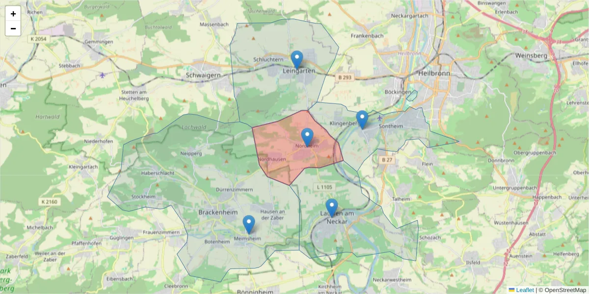 Karte des Postleitzahlen Bereichs  und der umliegenden Postleitzahlen in Deutschland