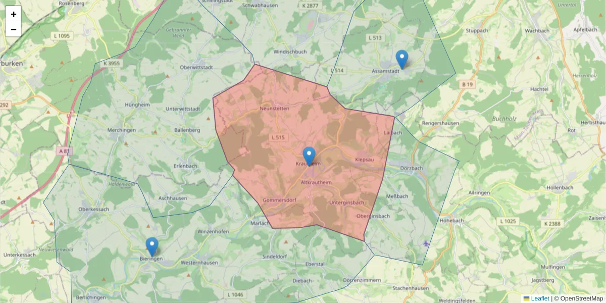 Karte des Postleitzahlen Bereichs  und der umliegenden Postleitzahlen in Deutschland