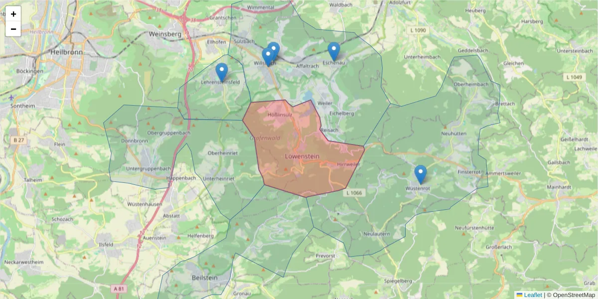 Karte des Postleitzahlen Bereichs  und der umliegenden Postleitzahlen in Deutschland