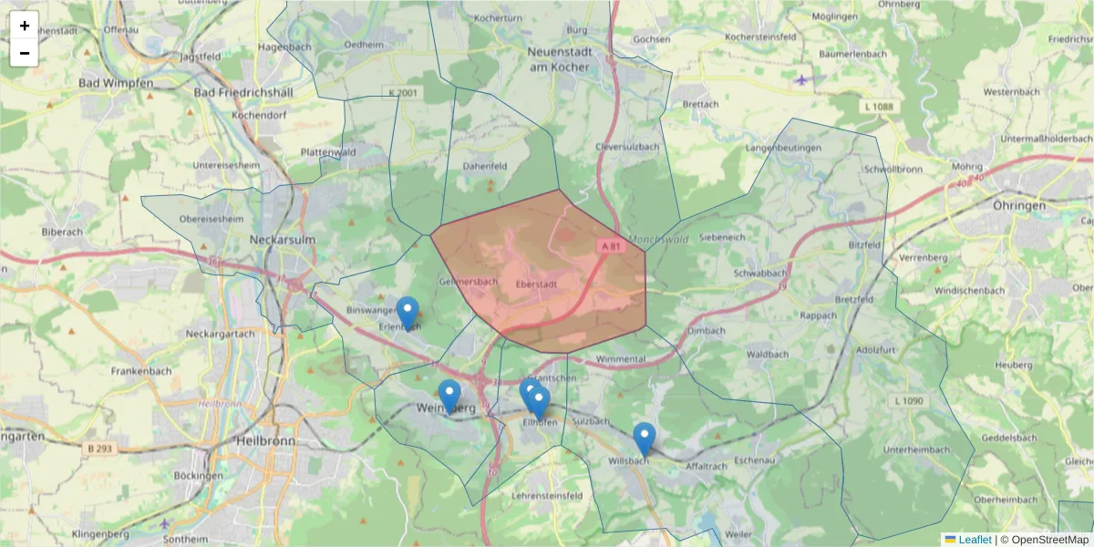 Karte des Postleitzahlen Bereichs  und der umliegenden Postleitzahlen in Deutschland