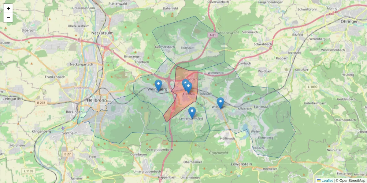 Karte des Postleitzahlen Bereichs  und der umliegenden Postleitzahlen in Deutschland