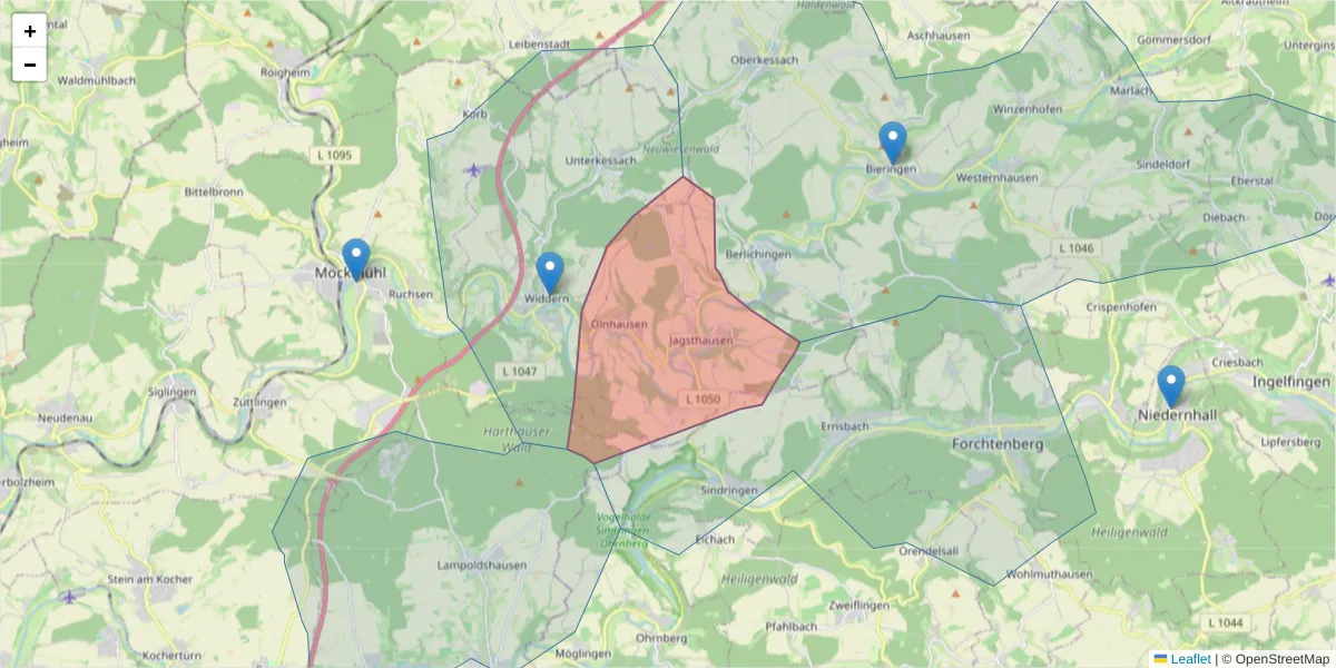 Karte des Postleitzahlen Bereichs  und der umliegenden Postleitzahlen in Deutschland