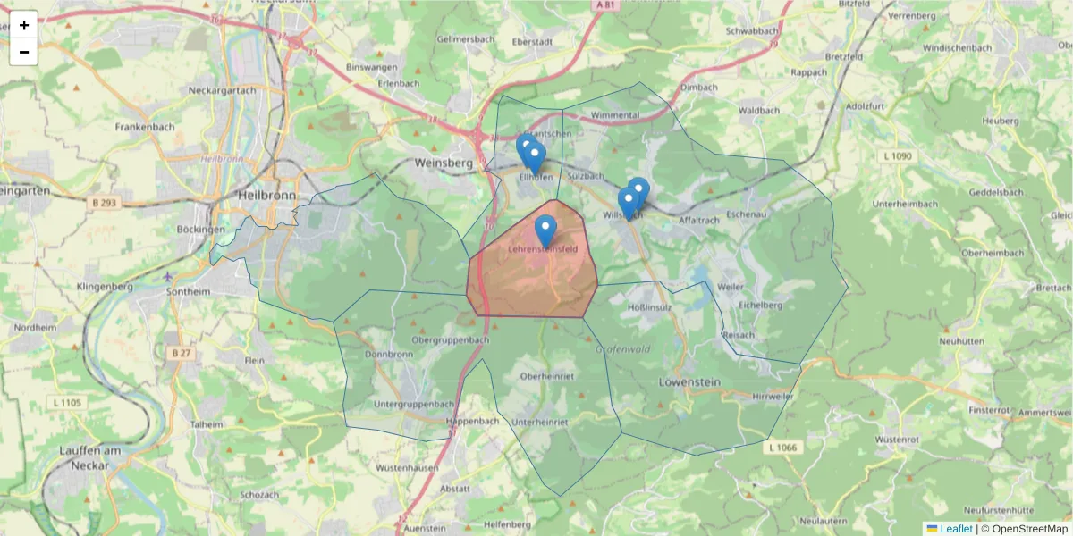 Karte des Postleitzahlen Bereichs  und der umliegenden Postleitzahlen in Deutschland