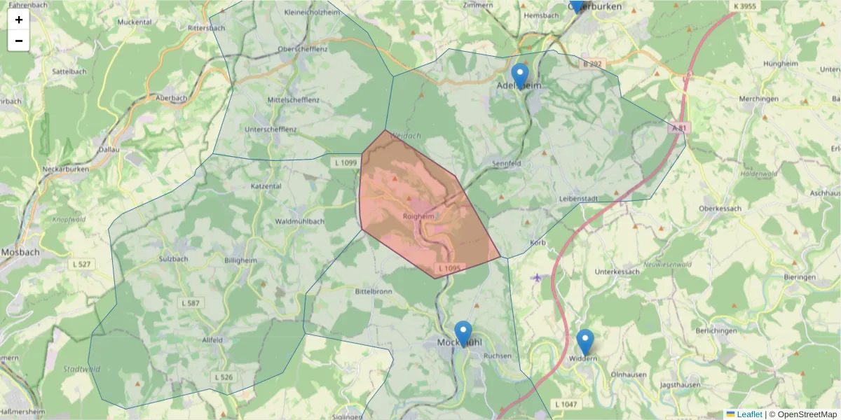 Karte des Postleitzahlen Bereichs  und der umliegenden Postleitzahlen in Deutschland