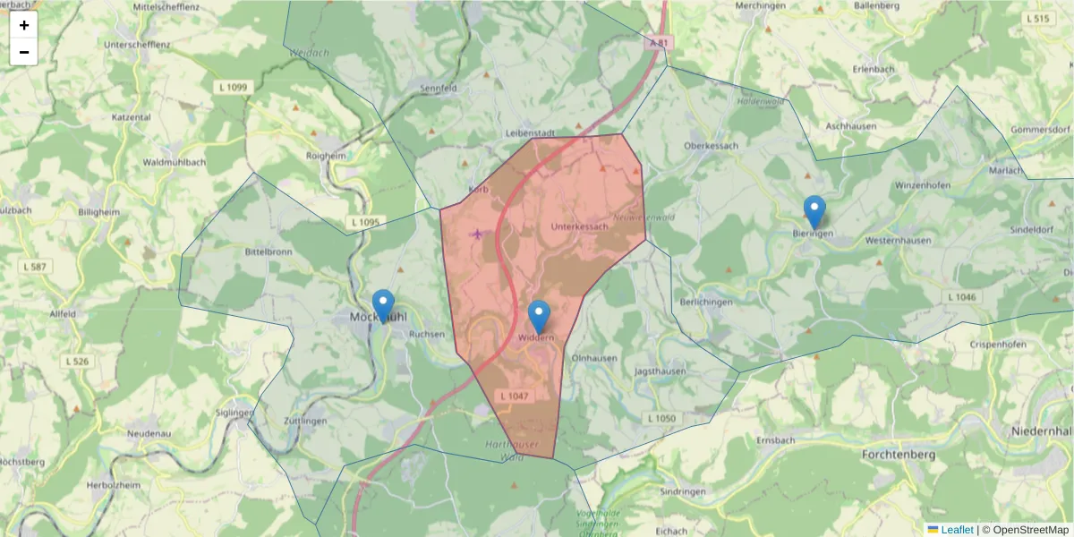 Karte des Postleitzahlen Bereichs  und der umliegenden Postleitzahlen in Deutschland