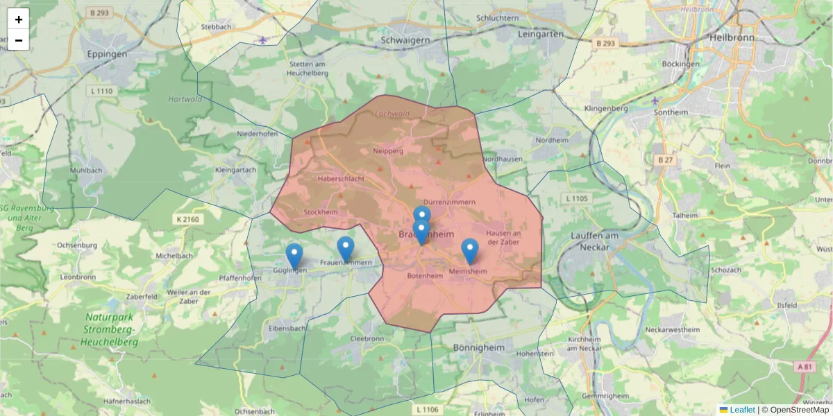 Karte des Postleitzahlen Bereichs  und der umliegenden Postleitzahlen in Deutschland