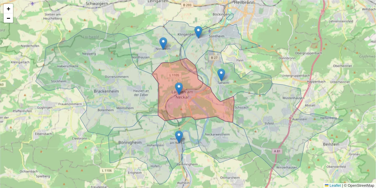 Karte des Postleitzahlen Bereichs  und der umliegenden Postleitzahlen in Deutschland