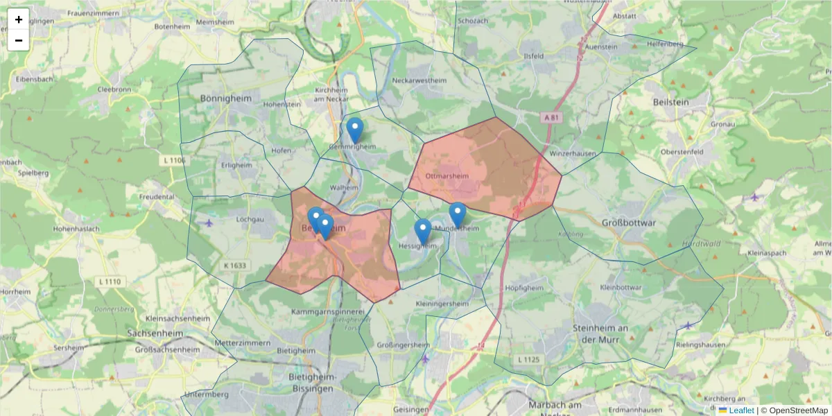 Karte des Postleitzahlen Bereichs  und der umliegenden Postleitzahlen in Deutschland