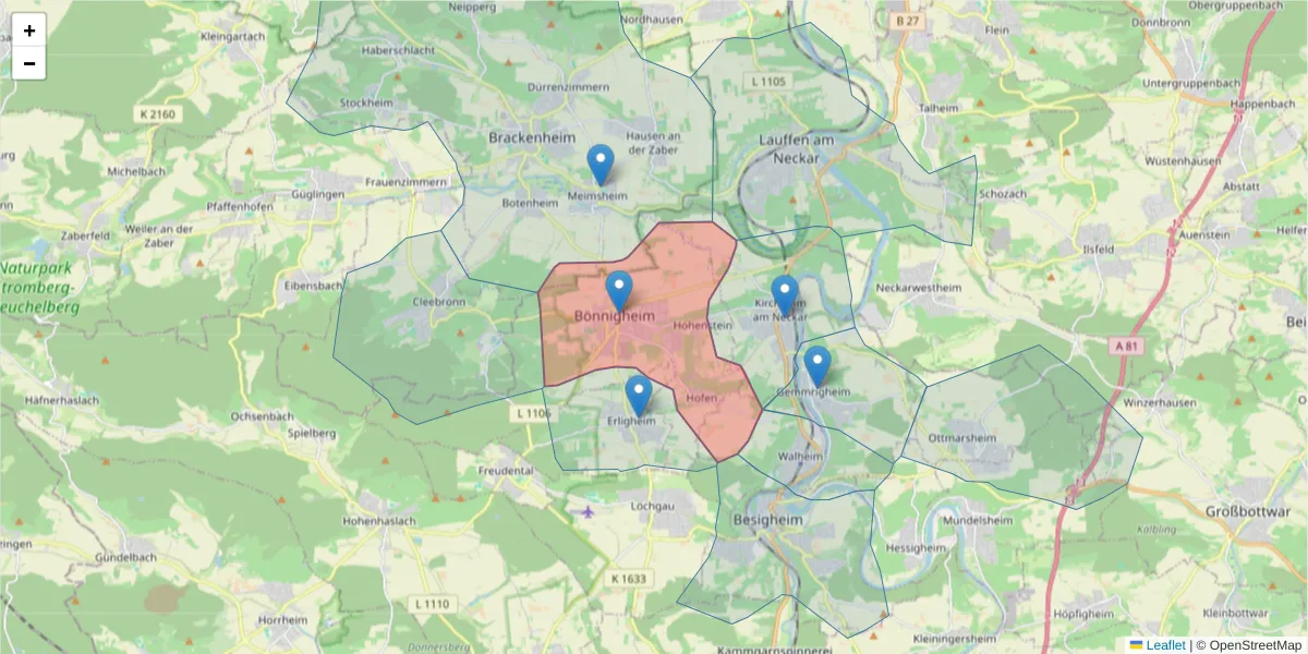 Karte des Postleitzahlen Bereichs  und der umliegenden Postleitzahlen in Deutschland