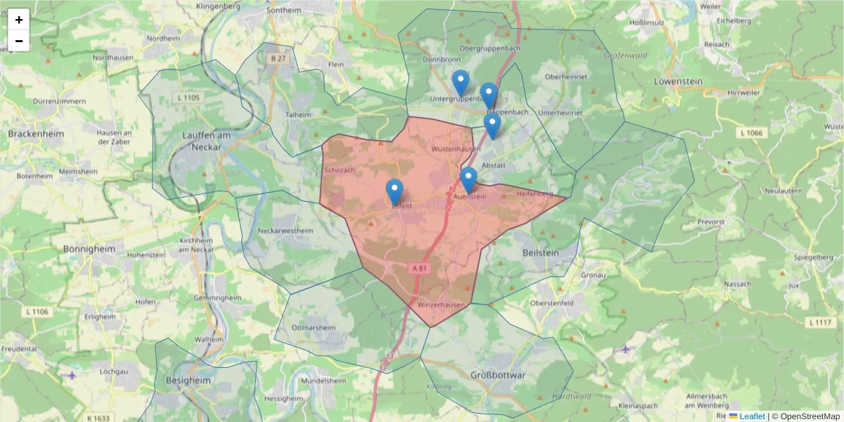 Karte des Postleitzahlen Bereichs  und der umliegenden Postleitzahlen in Deutschland