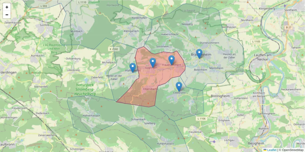 Karte des Postleitzahlen Bereichs  und der umliegenden Postleitzahlen in Deutschland