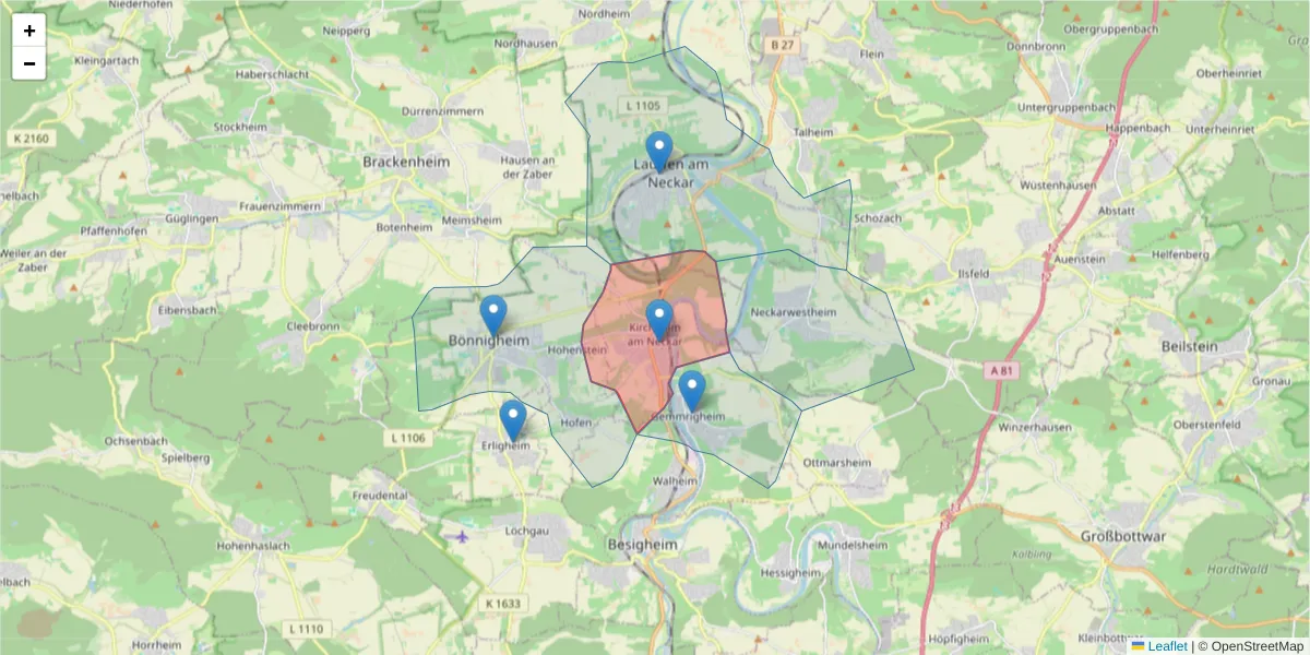 Karte des Postleitzahlen Bereichs  und der umliegenden Postleitzahlen in Deutschland