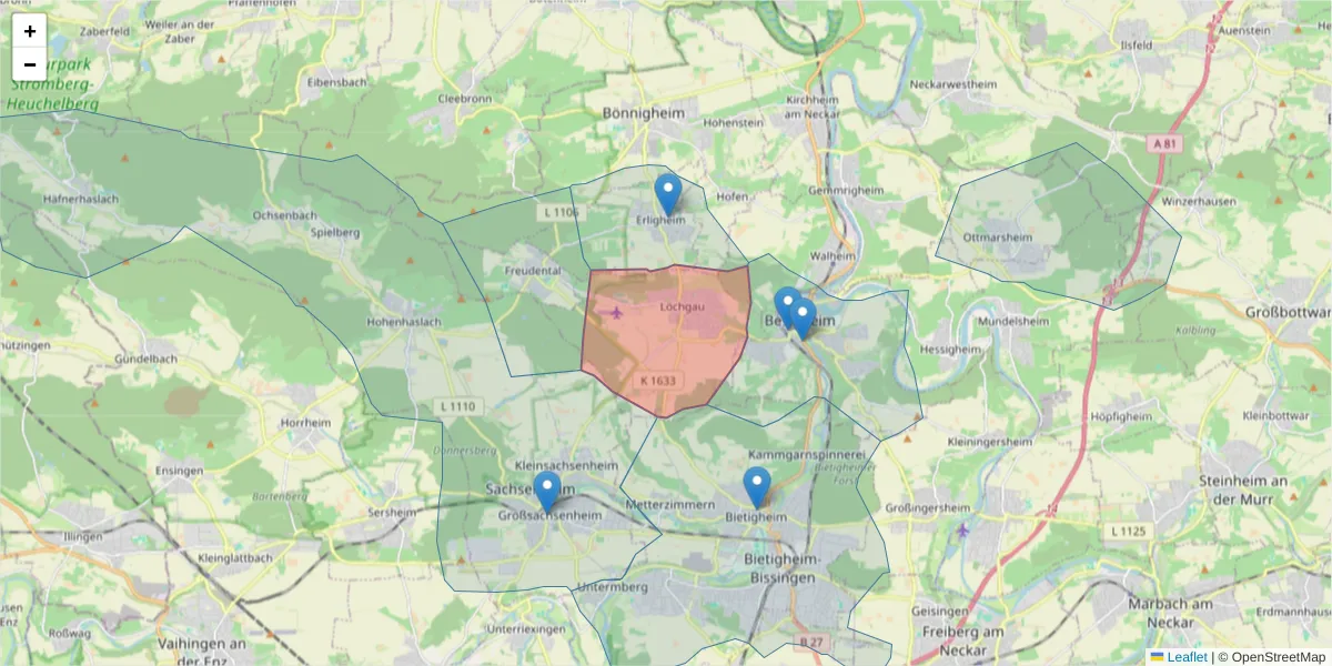Karte des Postleitzahlen Bereichs  und der umliegenden Postleitzahlen in Deutschland
