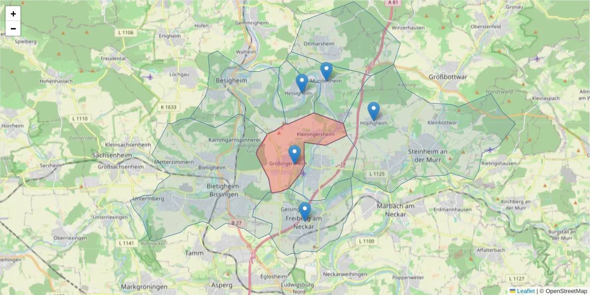 Karte des Postleitzahlen Bereichs  und der umliegenden Postleitzahlen in Deutschland