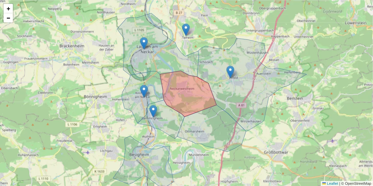 Karte des Postleitzahlen Bereichs  und der umliegenden Postleitzahlen in Deutschland