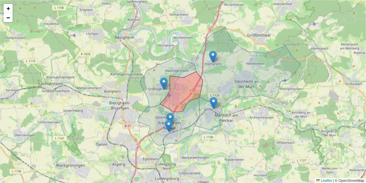 Karte des Postleitzahlen Bereichs  und der umliegenden Postleitzahlen in Deutschland