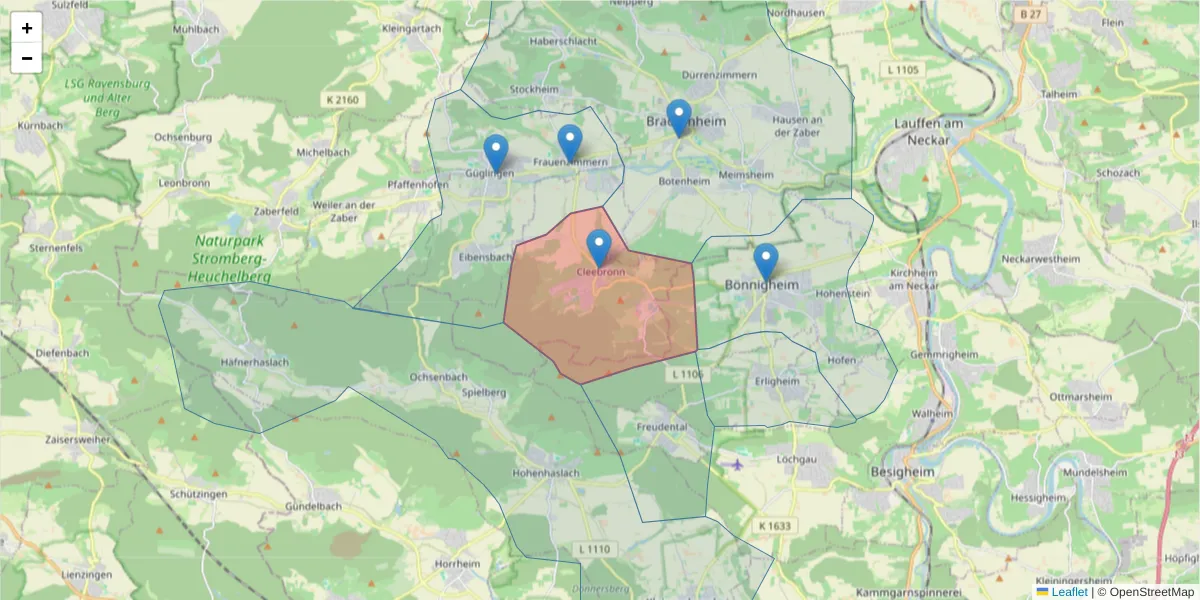 Karte des Postleitzahlen Bereichs  und der umliegenden Postleitzahlen in Deutschland