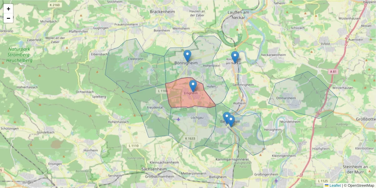 Karte des Postleitzahlen Bereichs  und der umliegenden Postleitzahlen in Deutschland