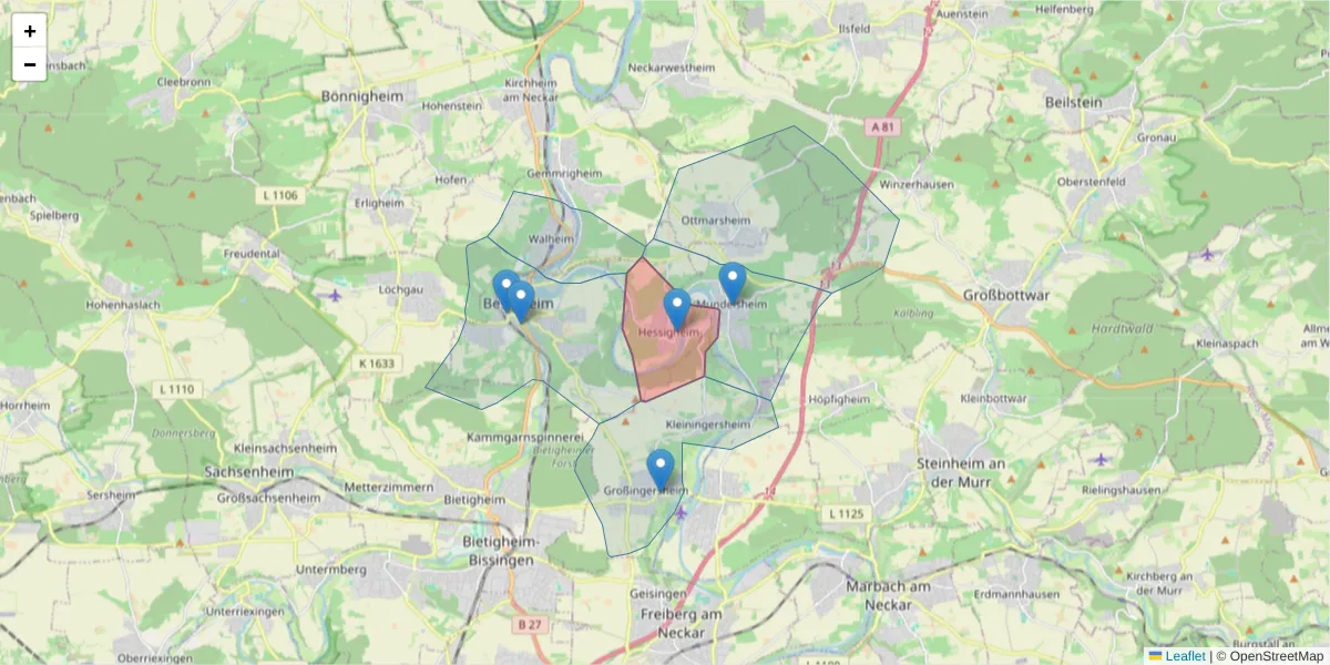 Karte des Postleitzahlen Bereichs  und der umliegenden Postleitzahlen in Deutschland