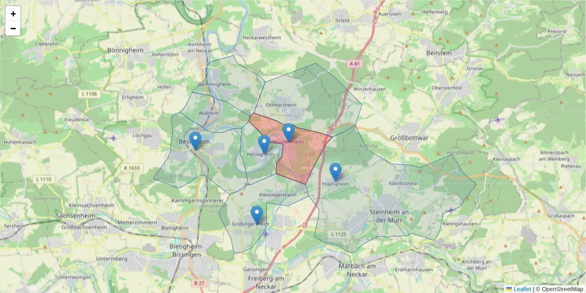 Karte des Postleitzahlen Bereichs  und der umliegenden Postleitzahlen in Deutschland