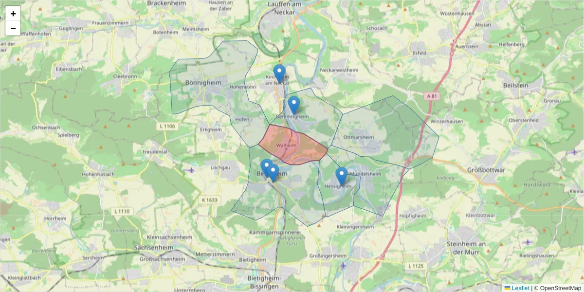 Karte des Postleitzahlen Bereichs  und der umliegenden Postleitzahlen in Deutschland