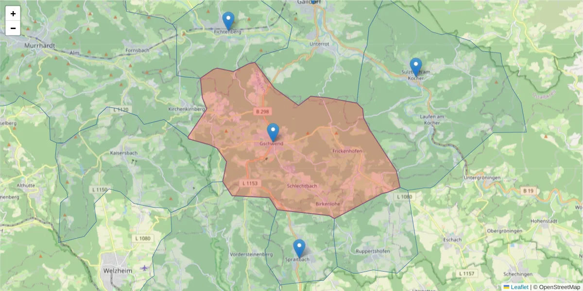 Karte des Postleitzahlen Bereichs  und der umliegenden Postleitzahlen in Deutschland