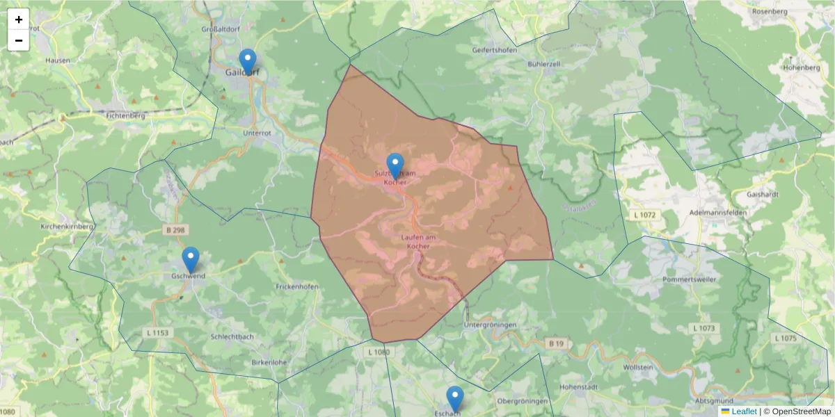 Karte des Postleitzahlen Bereichs  und der umliegenden Postleitzahlen in Deutschland