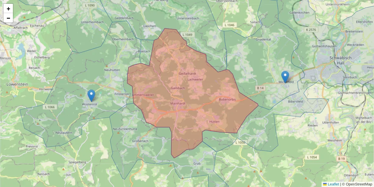 Karte des Postleitzahlen Bereichs  und der umliegenden Postleitzahlen in Deutschland