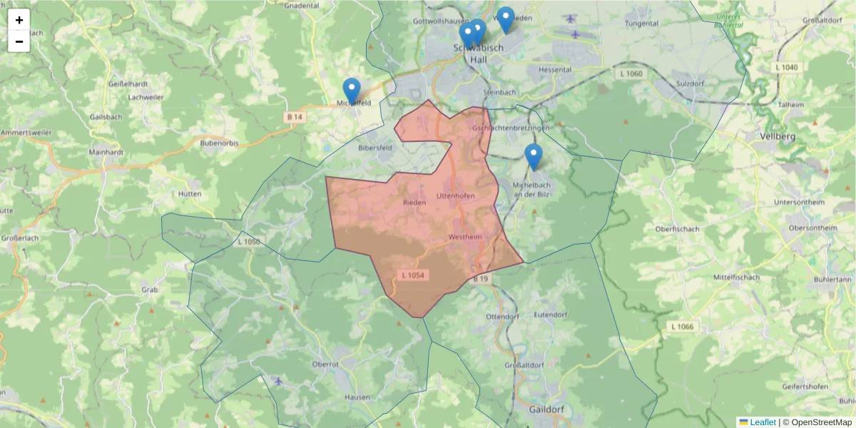 Karte des Postleitzahlen Bereichs  und der umliegenden Postleitzahlen in Deutschland