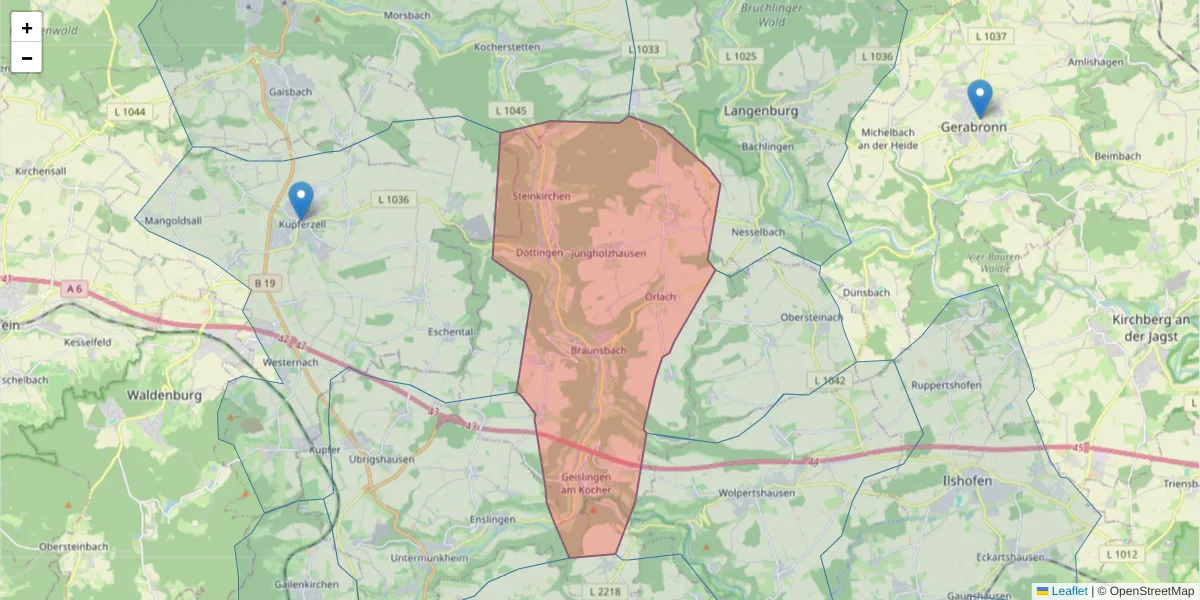 Karte des Postleitzahlen Bereichs  und der umliegenden Postleitzahlen in Deutschland