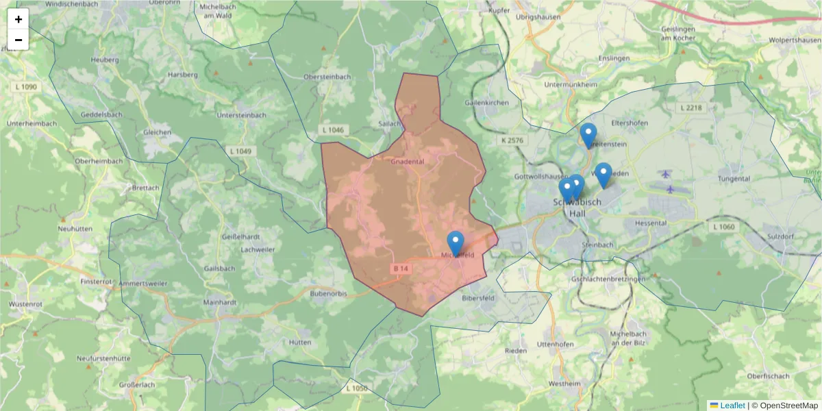 Karte des Postleitzahlen Bereichs  und der umliegenden Postleitzahlen in Deutschland