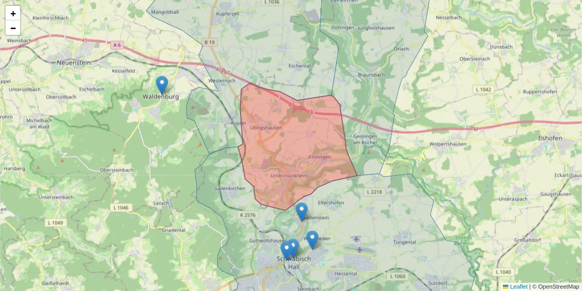 Karte des Postleitzahlen Bereichs  und der umliegenden Postleitzahlen in Deutschland