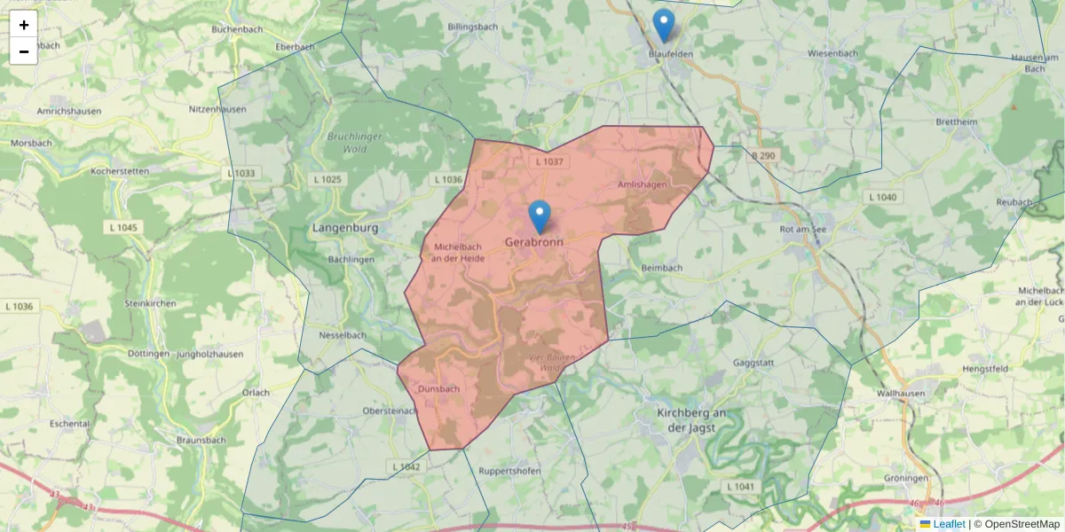 Karte des Postleitzahlen Bereichs  und der umliegenden Postleitzahlen in Deutschland