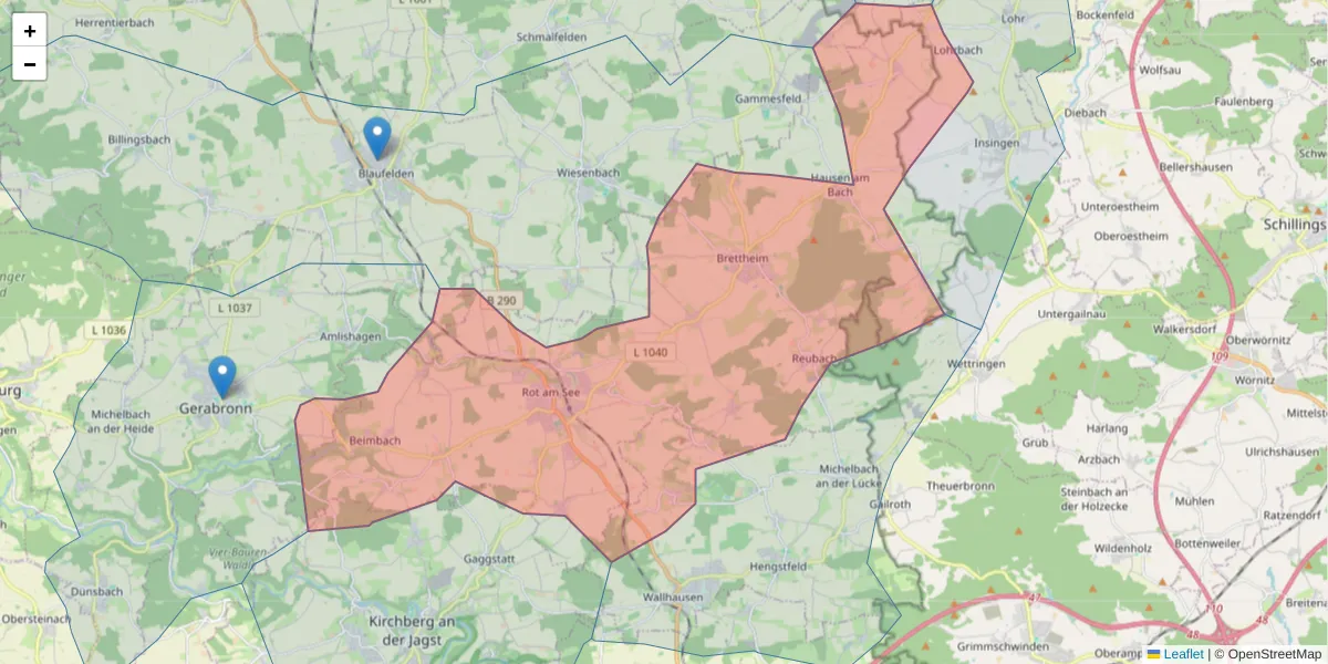 Karte des Postleitzahlen Bereichs  und der umliegenden Postleitzahlen in Deutschland