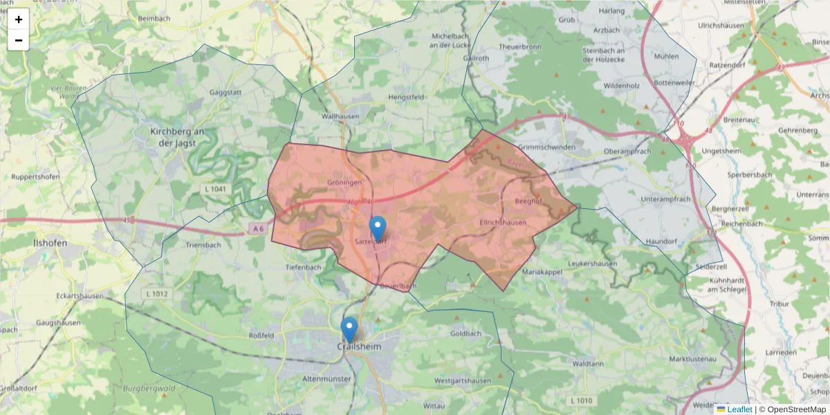Karte des Postleitzahlen Bereichs  und der umliegenden Postleitzahlen in Deutschland