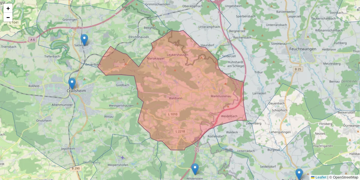 Karte des Postleitzahlen Bereichs  und der umliegenden Postleitzahlen in Deutschland
