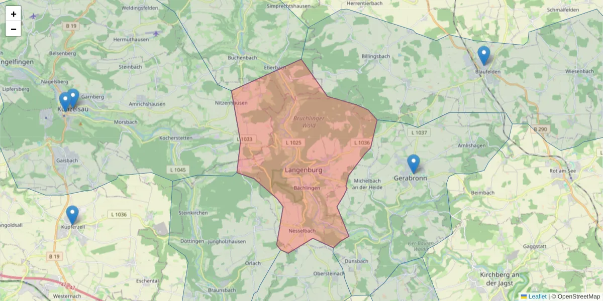 Karte des Postleitzahlen Bereichs  und der umliegenden Postleitzahlen in Deutschland