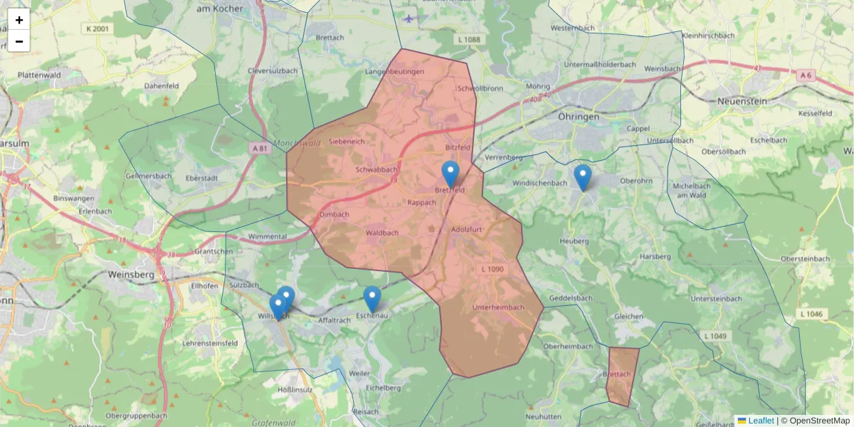 Karte des Postleitzahlen Bereichs  und der umliegenden Postleitzahlen in Deutschland